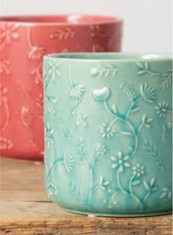 Sullivans Set Of 2 Floral Relief Flower Planter 6"H & 5"H Red