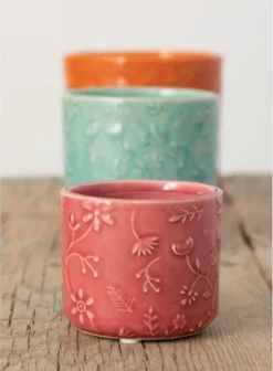 Sullivans Set Of 3 Floral Relief Flower Planter 4.5"H, 4"H & 2.75"H Red